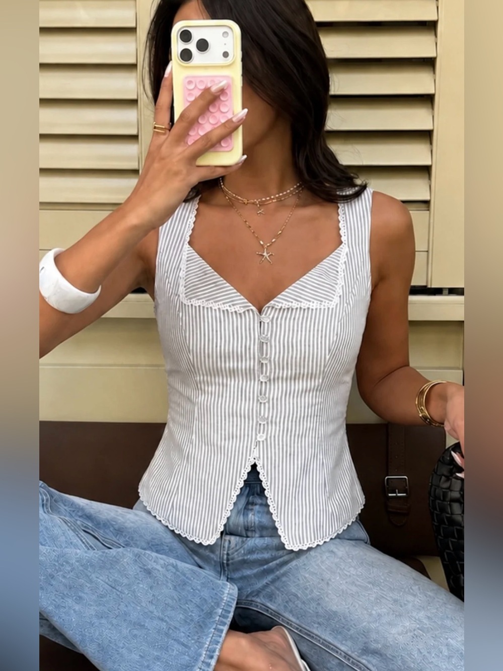 Striped Button-Front Sleeveless Top - White/Gray